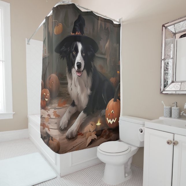Rideaux De Douche Frontière Collie Citrouilles Halloween effroi (En situation)