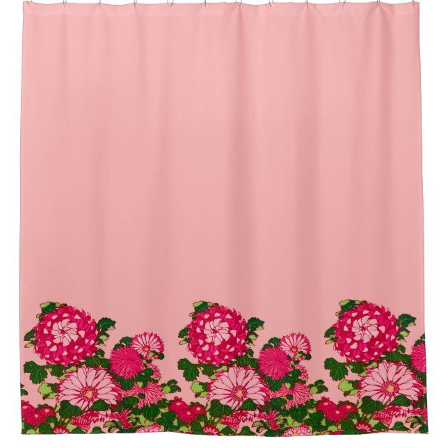 Rideaux De Douche Frontière des fleurs japonaises, Fuchsia et Coral  (Devant)