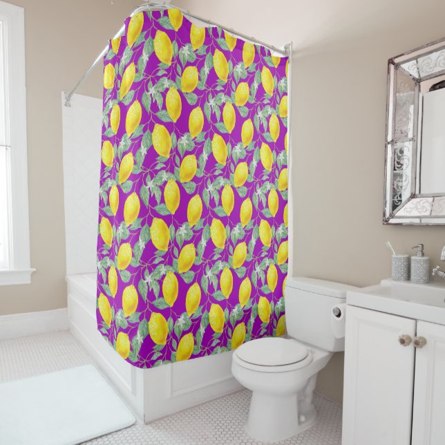 RIDEAUX DE DOUCHE FRUITS DE CITRON SUR FOND VIOLET (En situation)