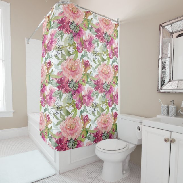 Rideaux De Douche Fuchsia Floral Sage Vert Feuilles Blanches (En situation)