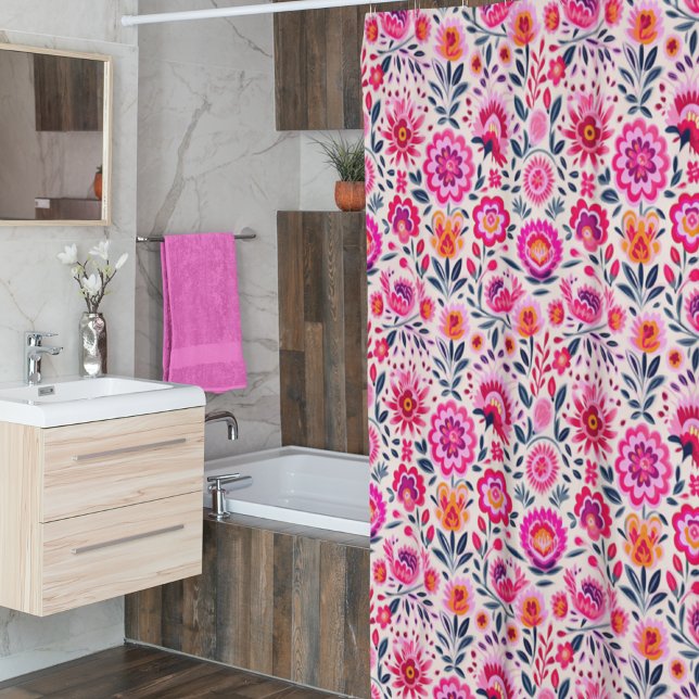 Rideaux De Douche Fuchsia Motif mexicain de fleurs (Créateur téléchargé)