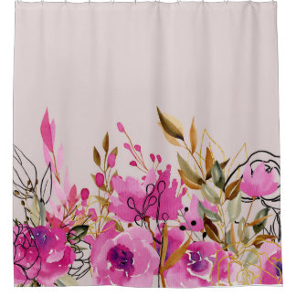 Rideaux De Douche Fuchsia Roses roses et Feuilles d'or