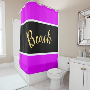 Rideaux De Douche Fun Bright Tropical Rose Black Stripes Beach Texte