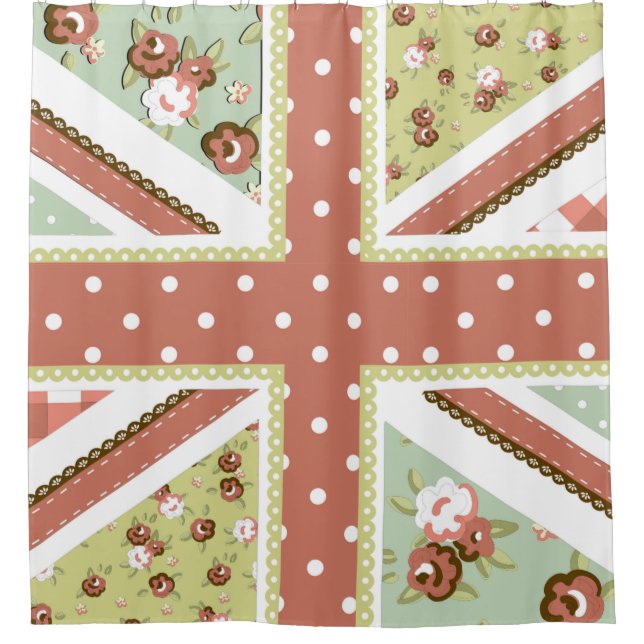 Rideaux De Douche Fun Folk Quilt British Union Jack Fleurs brunes (Devant)