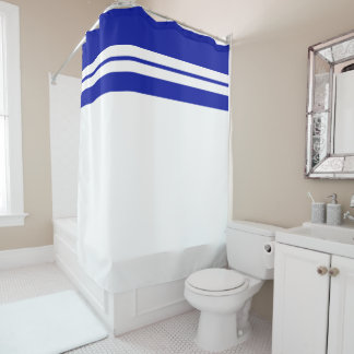 Rideaux De Douche Fun Sporty Royal Blue Top Racing Stripes Sur Blanc