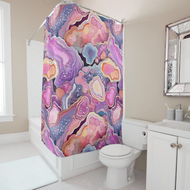 Rideaux De Douche Funky Purple Blue Mix Abstrait Geode Agate Motif (En situation)