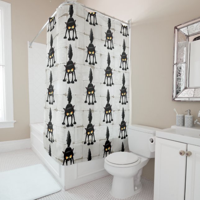 Rideaux De Douche Funny Fierce Black Cat Cartoon  (En situation)