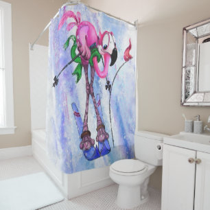 Rideaux De Douche Funny Pink Flamant rose Skier - Dessin Dessin Dess