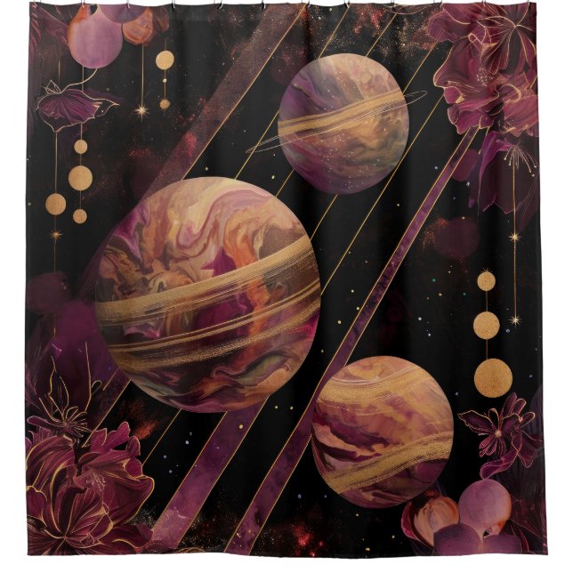 Rideaux De Douche Galaxie d'Améthyste Planète Or Céleste (Devant)