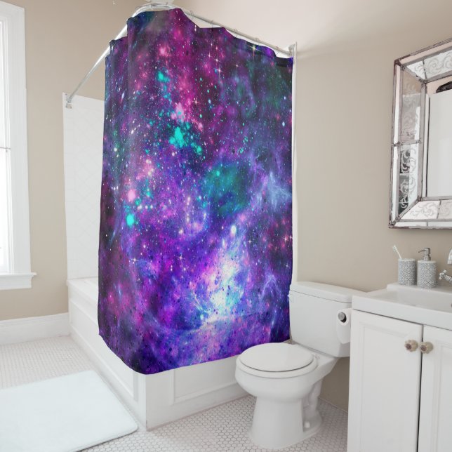 Rideaux De Douche Galaxie spatiale violette Cosmique Teal Rose Ciel (En situation)