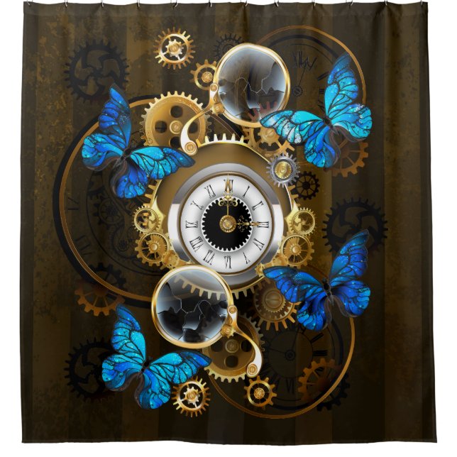 Rideaux De Douche Gears of Steampunk and Blue Butterflies (Devant)