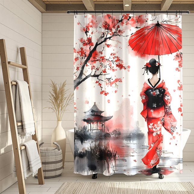 Rideaux De Douche Géisha florale rouge et noire | (Créateur téléchargé)