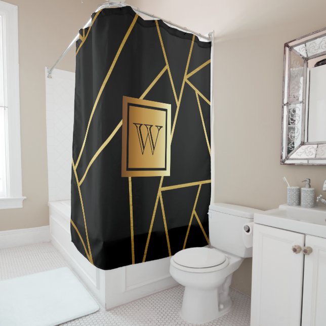 Rideaux De Douche Géométrique noire et dorée (En situation)