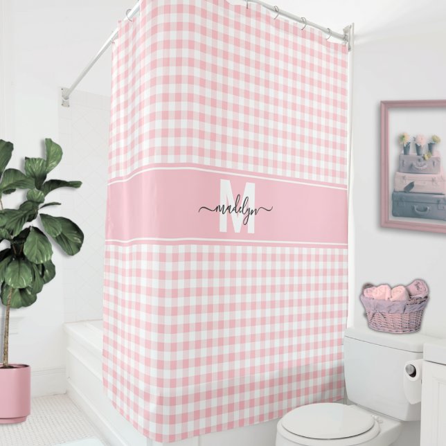 Rideaux De Douche Gingham à carreaux rose monogramme (Blush Pink Gingham Plaid Monogram Shower Curtain )
