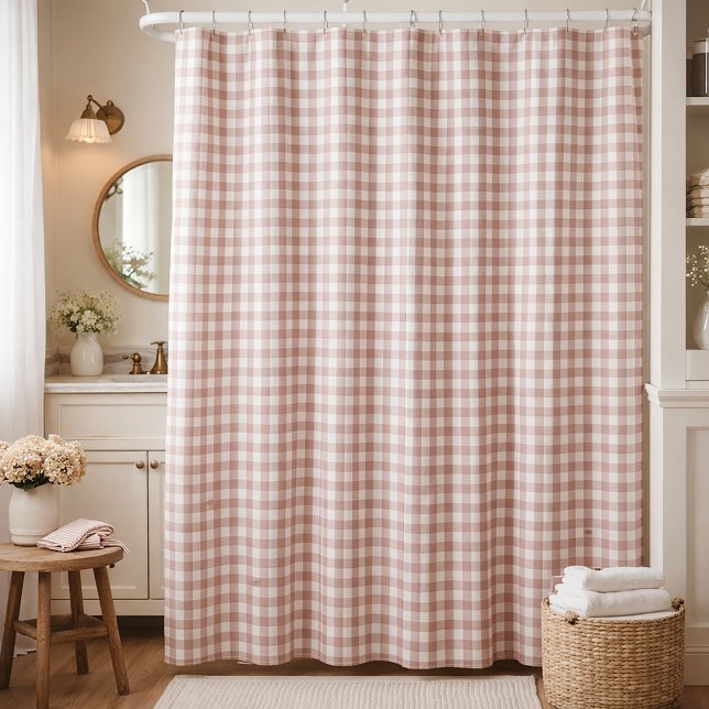 Rideaux De Douche Gingham rose et blanc  (A shower curtain with a pink and white gingham pattern.)