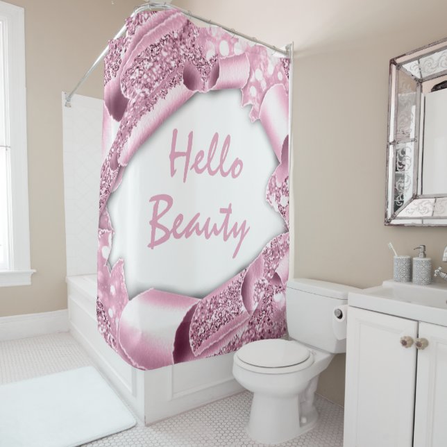 Rideaux De Douche Glam 3D Rose rose HELLO Girl (En situation)