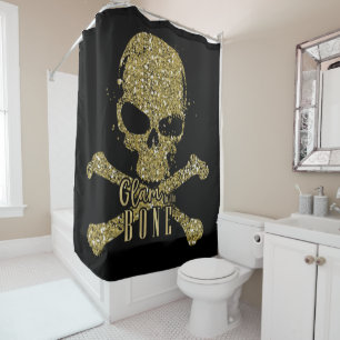 Rideaux De Douche Glam noir jusqu'à l'os Paillettes dorées Crâne