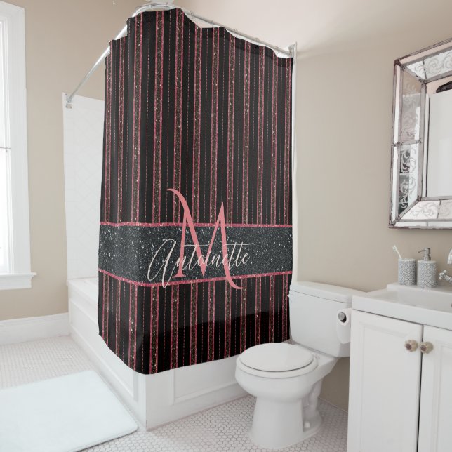 Rideaux De Douche Glam Parties scintillant Nom monogramme Noir et ro (En situation)