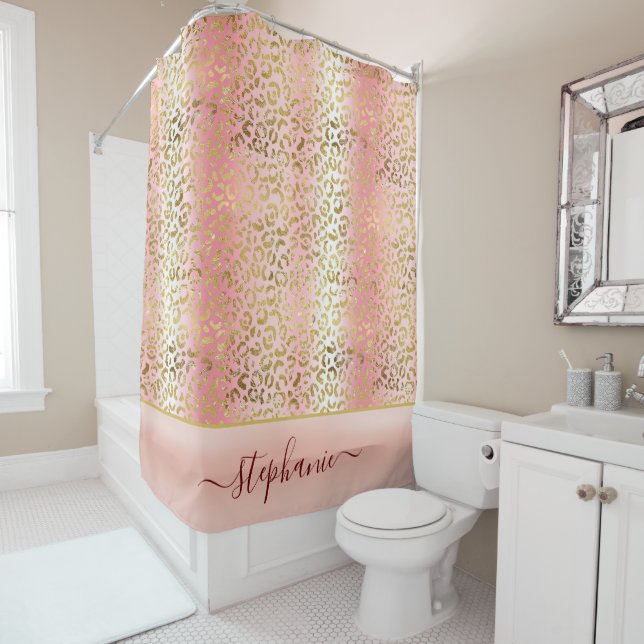 Rideaux De Douche Glam Pink Ombre Gold Leopard Motif personnalisé (En situation)