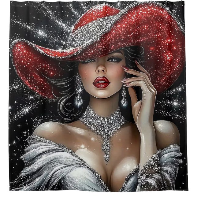 Rideaux De Douche Glamorous Sparkle Lady in Red Hat (Devant)