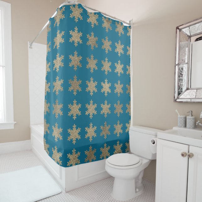Rideaux De Douche Glitter Gold Snowflake Motifs Proep Ocean Blue (En situation)
