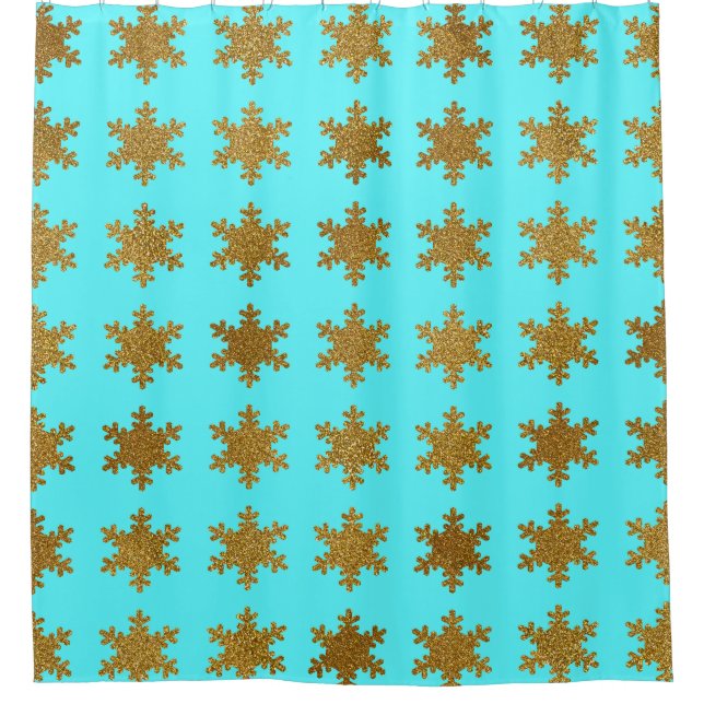 Rideaux De Douche Glittery Gold Snowflake Motif Turquoise Bleu (Devant)