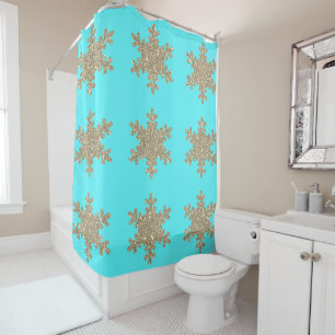 Rideaux De Douche Glittery Gold Snowflakes Motif Turquoise Bleu