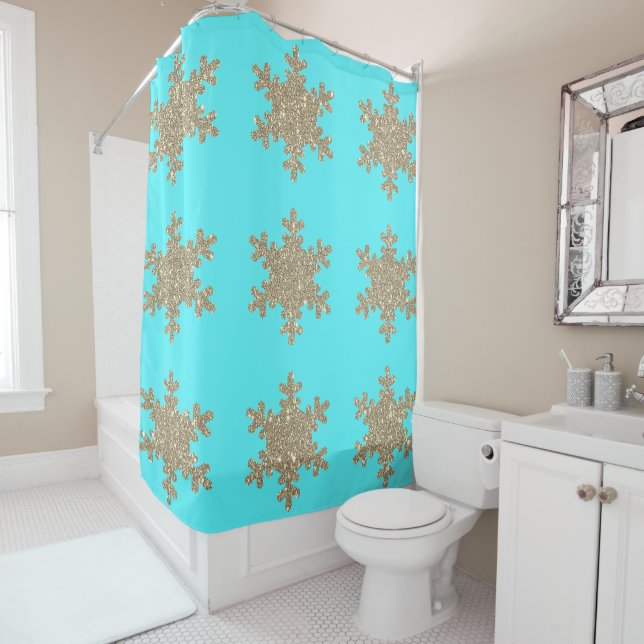 Rideaux De Douche Glittery Gold Snowflakes Motif Turquoise Bleu (En situation)