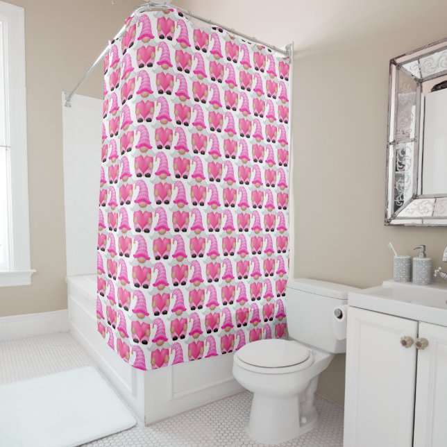 Rideaux De Douche Gnome Cœurs Roses Forêt Scandinave Mignon (En situation)