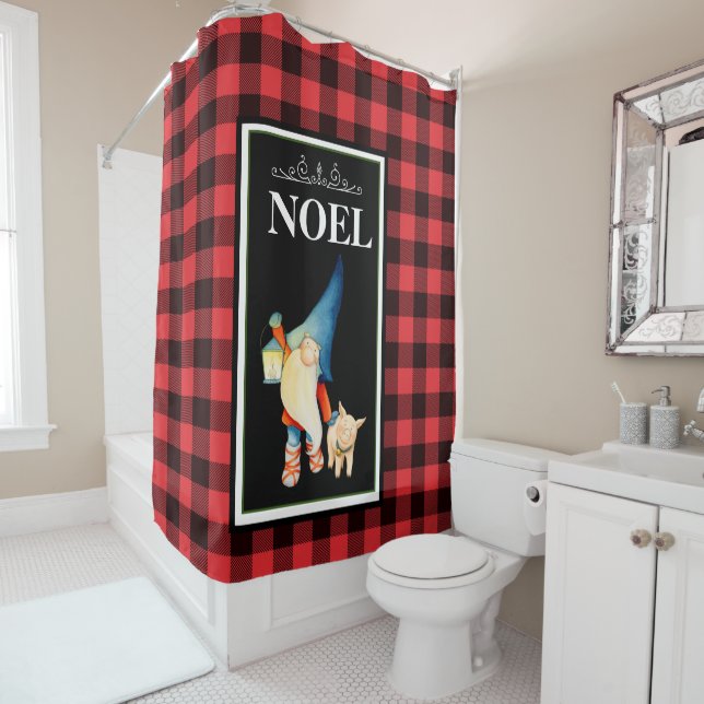 Rideaux De Douche Gnome de Noël sur Buffalo rouge et noir plaqué (En situation)