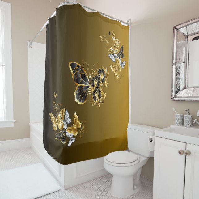 Rideaux De Douche Gold and Black Butterfly Floral Art (En situation)