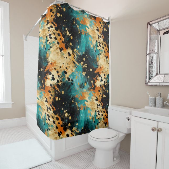Rideaux De Douche Gold Black Aqua Orange Leopard Abstrait (En situation)