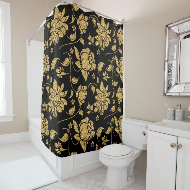 Rideaux De Douche Gold Glitter Floral Damasks Pattern (En situation)