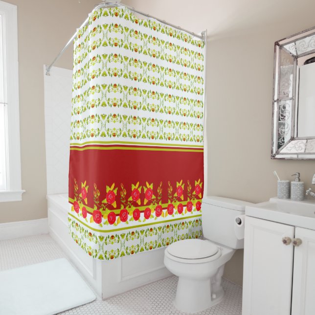 Rideaux De Douche Gold Lime Green et Bourgogne (En situation)