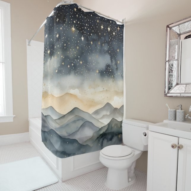Rideaux De Douche Gold Whimsical et Marine Mountains Starry Night (En situation)