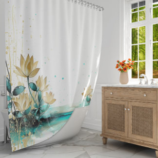 Rideaux De Douche Golden Lily Serenity : Aquarelle Turquoise et or