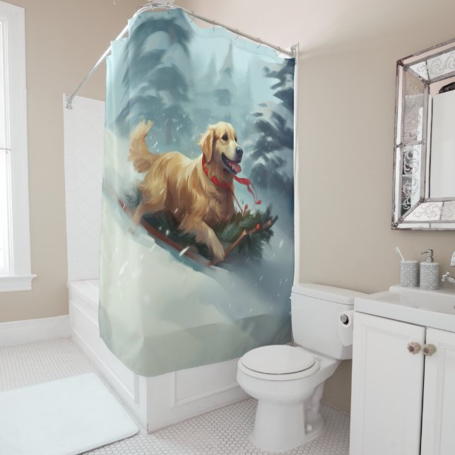 Rideaux De Douche Golden Retriers Noël neige hiver (En situation)