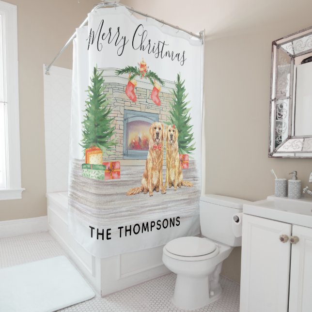 Rideaux De Douche Golden Retriever Chien Noël cheminée scène (En situation)