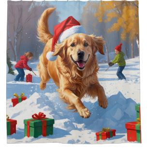 Rideaux De Douche Golden Retriever dans la neige avec un chapeau de