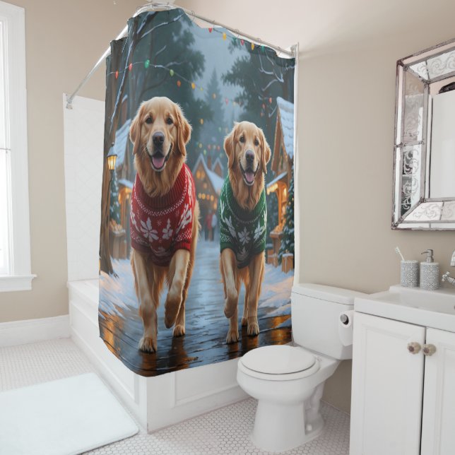 Rideaux De Douche Golden Retriever Dogs Christmas Snow Holiday (En situation)