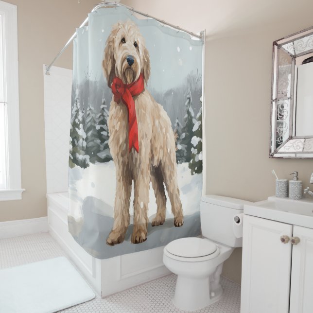Rideaux De Douche Goldendoodle Chien dans Noël de neige (En situation)