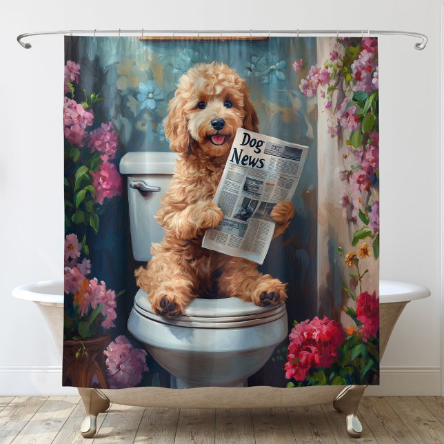 Rideaux De Douche Goldendoodle Chien sur Toilet Funny Salle de bain (Créateur téléchargé)