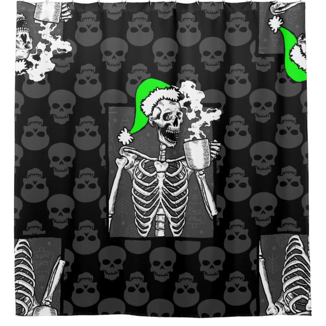 Rideaux De Douche goth noir noël crâne café squelette vert (Devant)