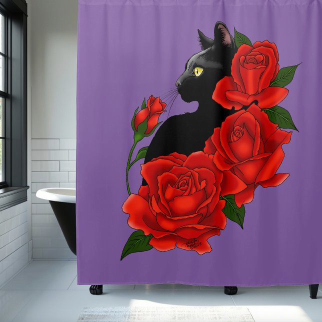 Rideaux De Douche Gothique Chat Noir Roses Rouges Violet (Créateur téléchargé)