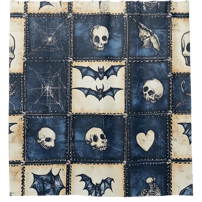 Rideaux De Douche Gothique Halloween Denim Patchwork Motif (Devant)