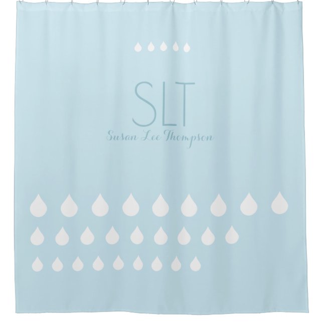 Rideaux De Douche gouttes blanches avec monogramme sur bleu pâle (Devant)