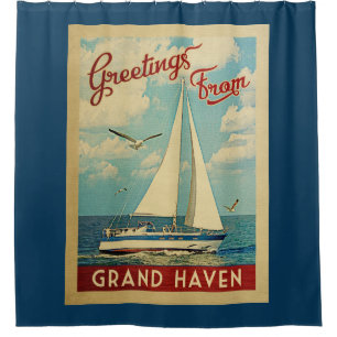 Rideaux De Douche Grand Haven Sailboat Vintage voyage Michigan