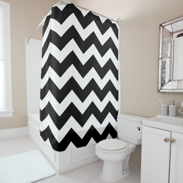 Rideaux De Douche Grand Motif Chevron noir et blanc (En situation)