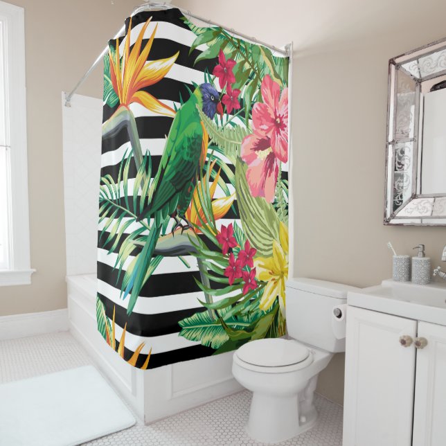 Rideaux De Douche Grandes Et Fleurs Noires Et Blanches Et Parrot (En situation)