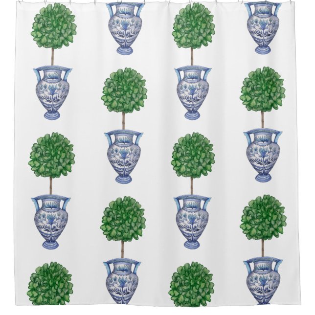Rideaux De Douche Grandmillenial preppy topiary bleu classique (Devant)